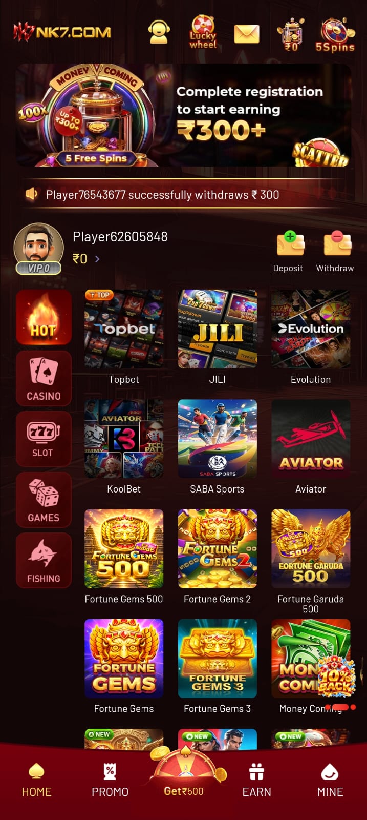 NK7 Game homepage showing gaming categories and app interface