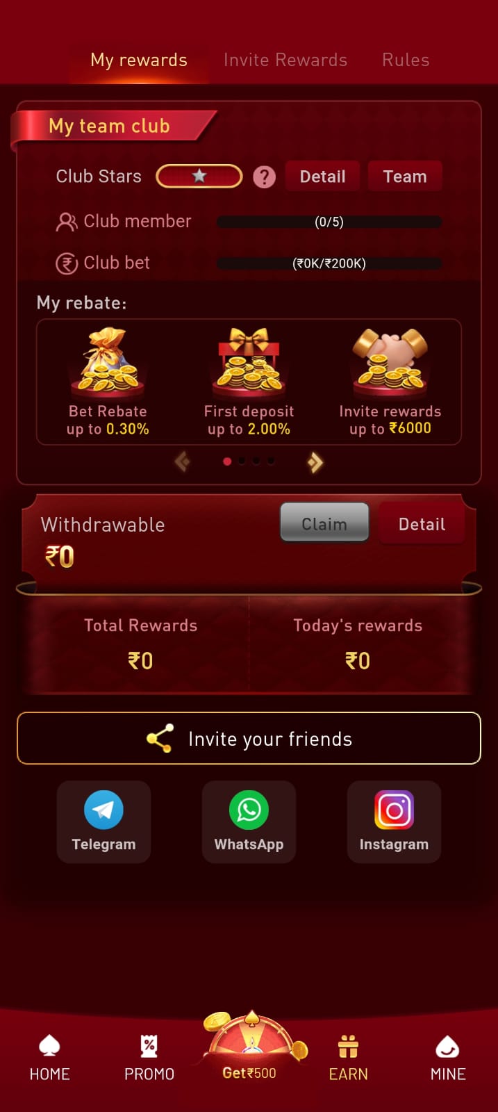 NK7 Game referral rewards page with invite friends and club rewards